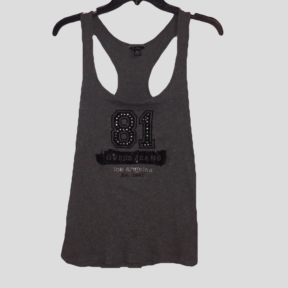 (SOLD) GUESS JEANS Rhinestones Grey Racerback Tank Top Size M